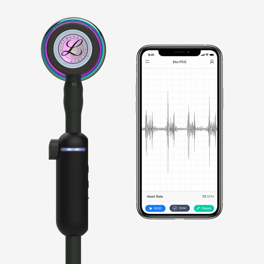 Stethoscope Littmann CORE digital black with mirror-gloss rainbow colored chest piece and black headphones