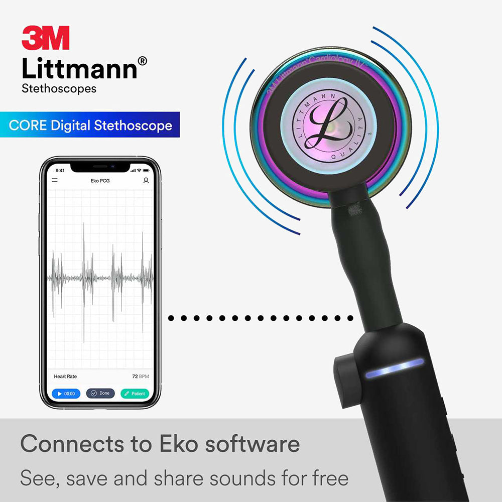 Stethoscope Littmann CORE digital black with mirror-gloss rainbow colored chest piece and black headphones