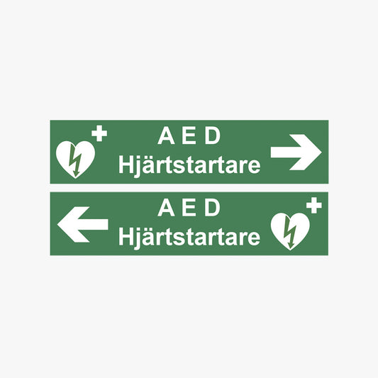Skylt AED Hjärtstartare med pil 40x10 cm